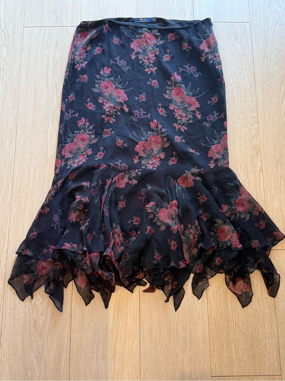 NWOT Polo Ralph Lauren 100% Silk Floral Skirt 🌹Dramatic Ruffle Hem Vintage Rare